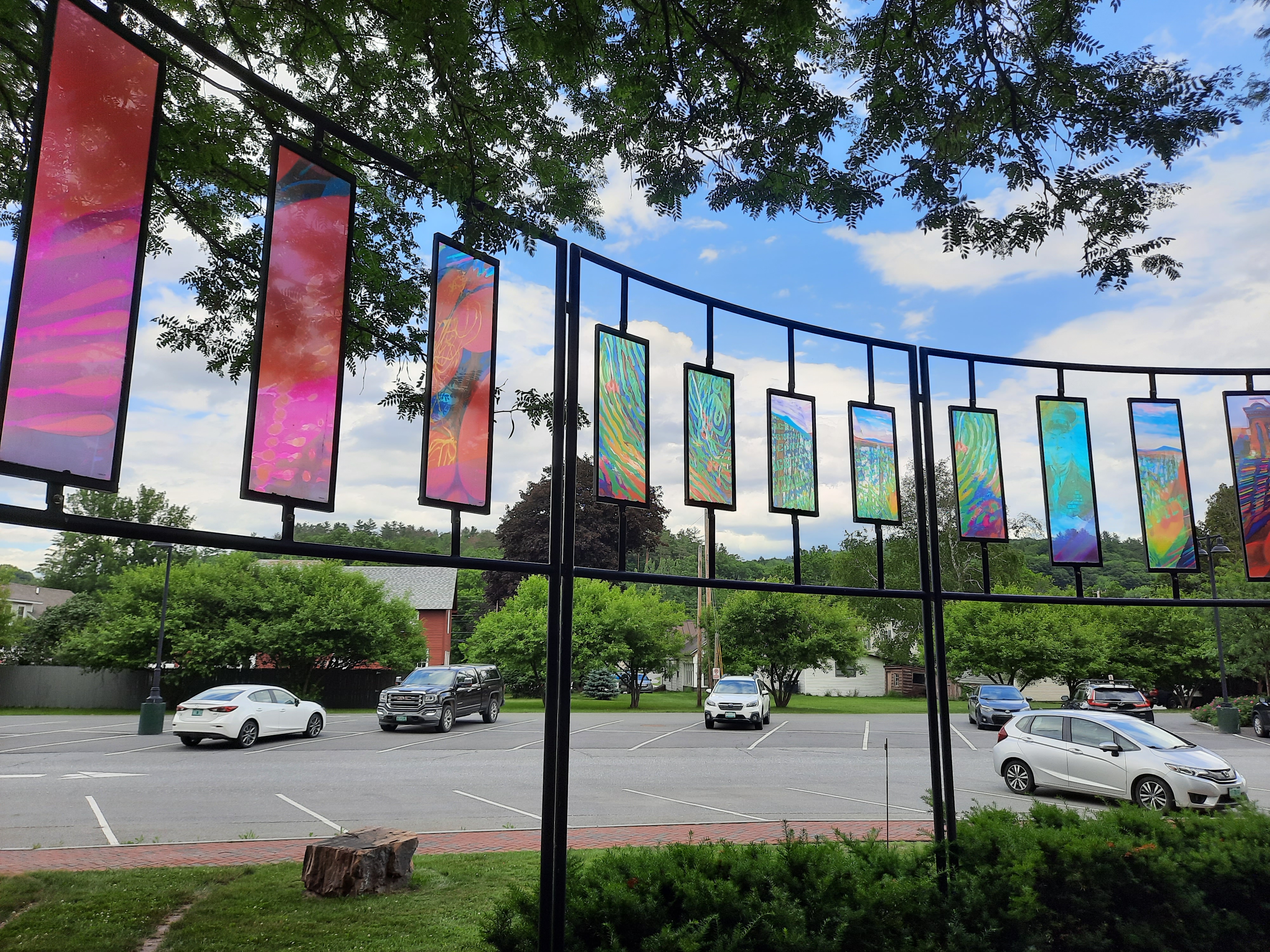 Art installation with colorful glass panels at the Waterbury State Office Complex