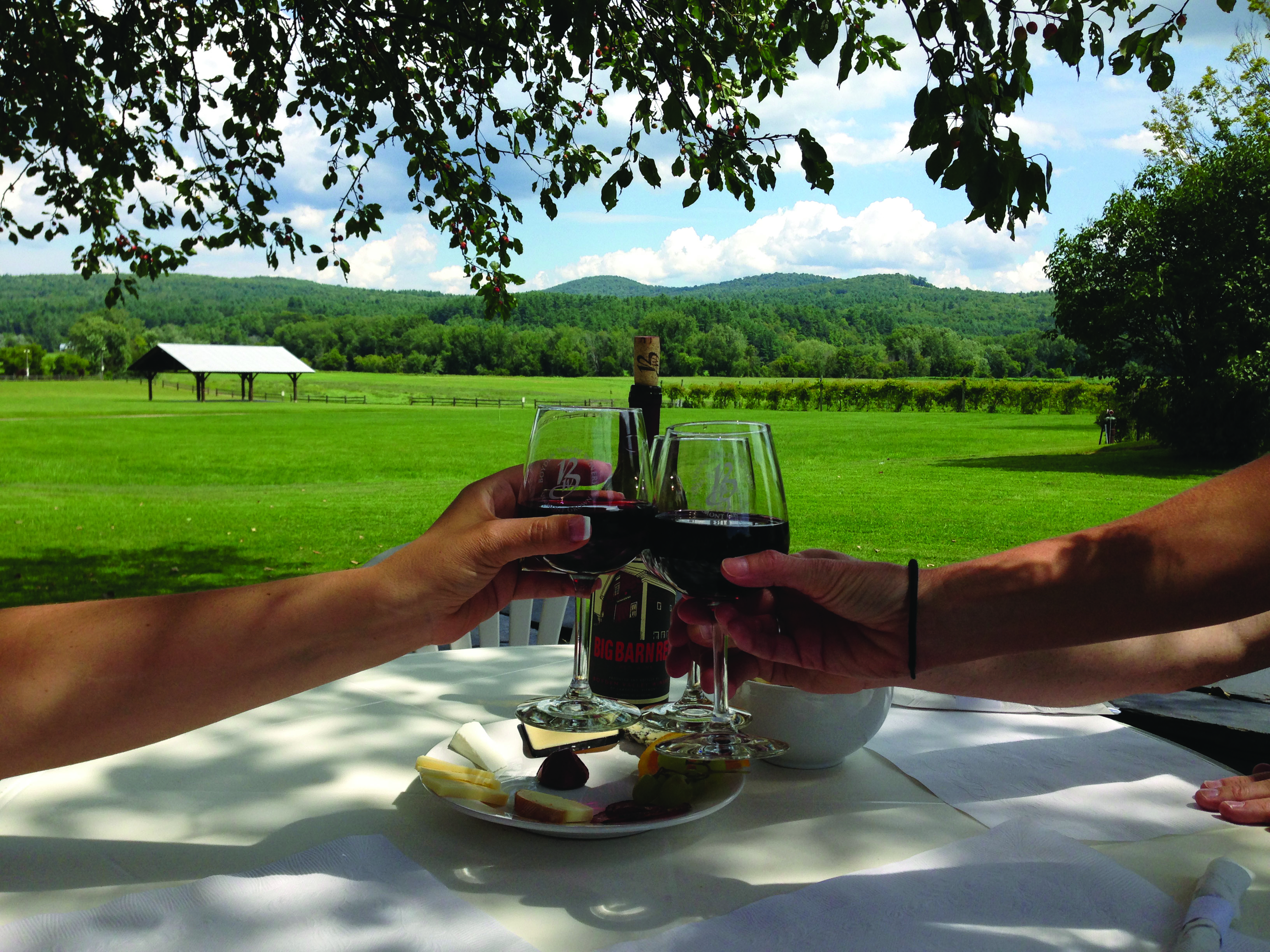 Enjoying a glass of wine and charcuterie with a view, photo by Discover Waterbury