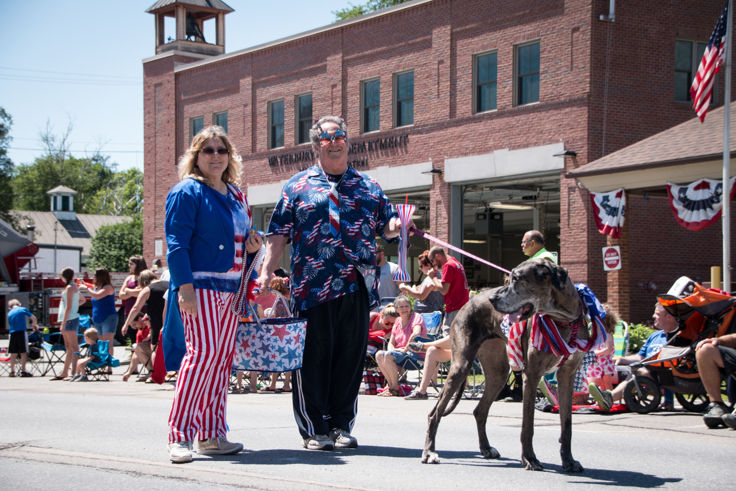 People and a dog are dressed up and marching in the Not Quite Independence Day parade
