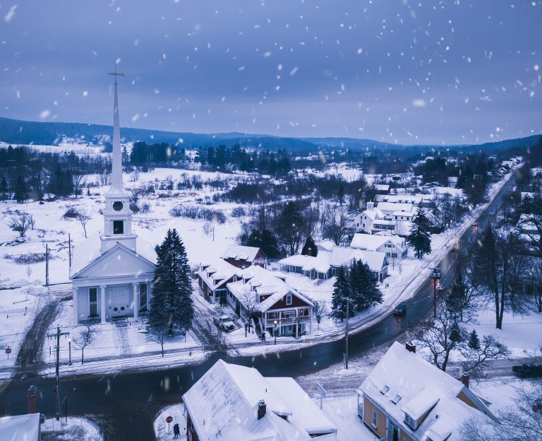 Aerial view of downtown Stowe in the snow