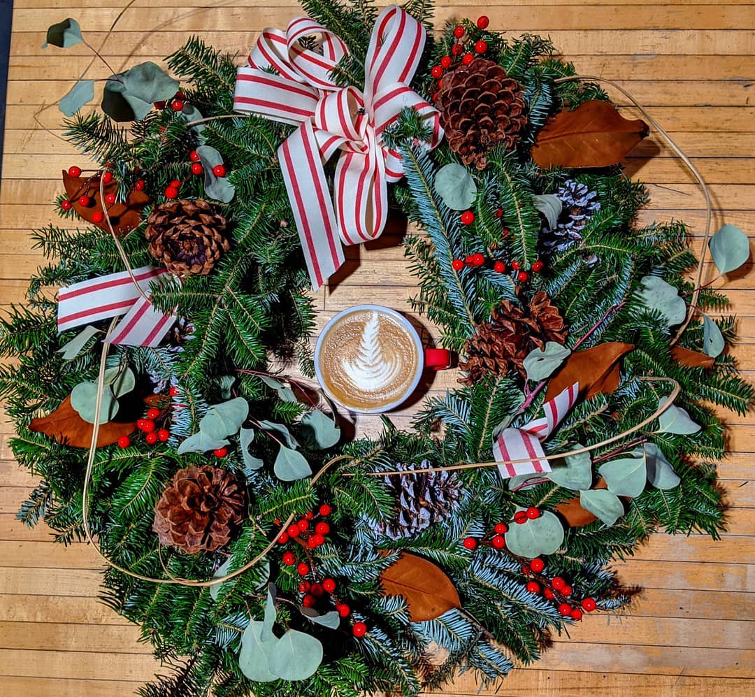 Holiday wreath with latte in the center