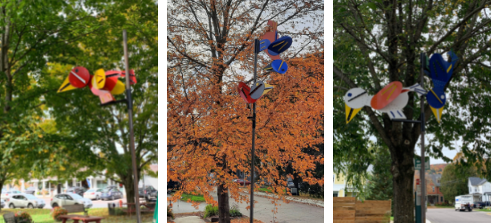 Large, multi-colored bird sculptures at various locations around Waterbury
